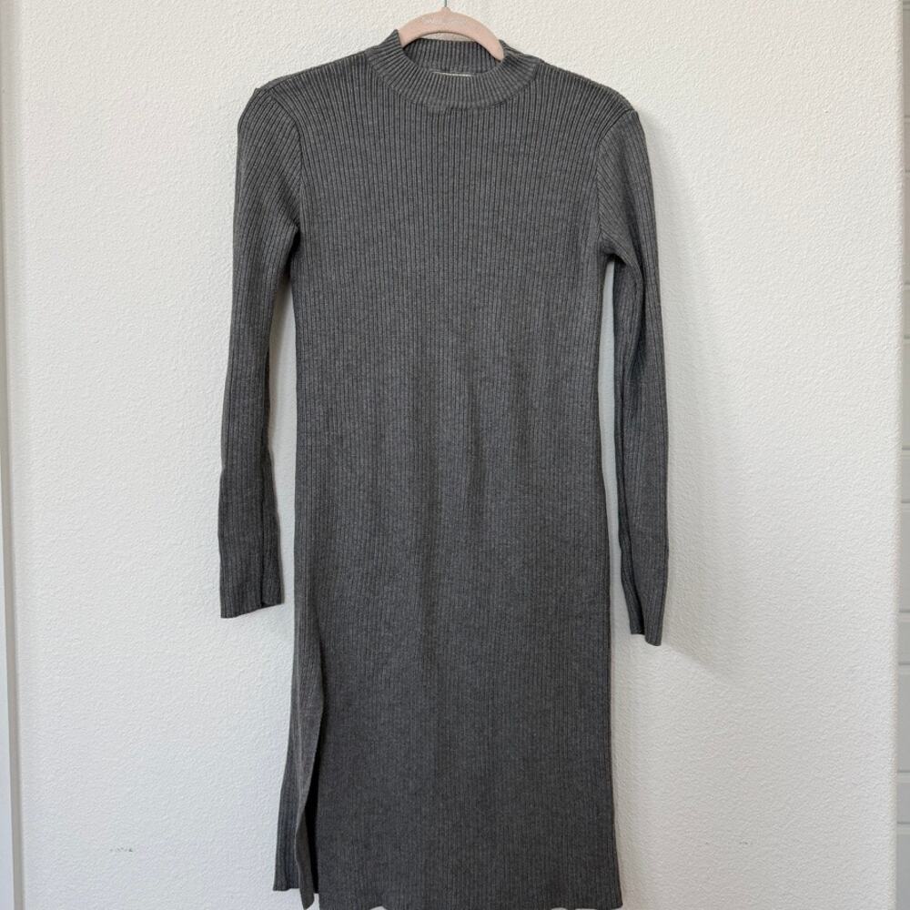 JCL Ribbed Knit Midi Dress Gray‎ Long Sleeve Crewneck Bodycon Minimalist M/L